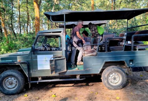 Gruppo di partecipanti a bordo di una jeep durante il safari nella foresta