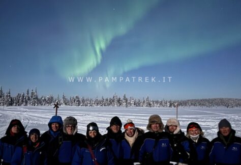 Gruppo in escursione sulla neve a Salla in Lapponia finlandese